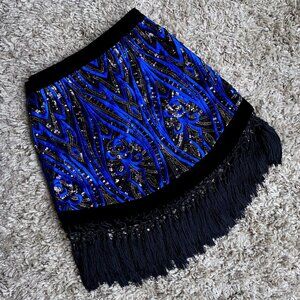Black and Blue Sequin Fringe Mini Skirt